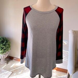 12PM by MON AMI women’s Red RAGLAND plaid sleeves sweatshirt / top / grey Small